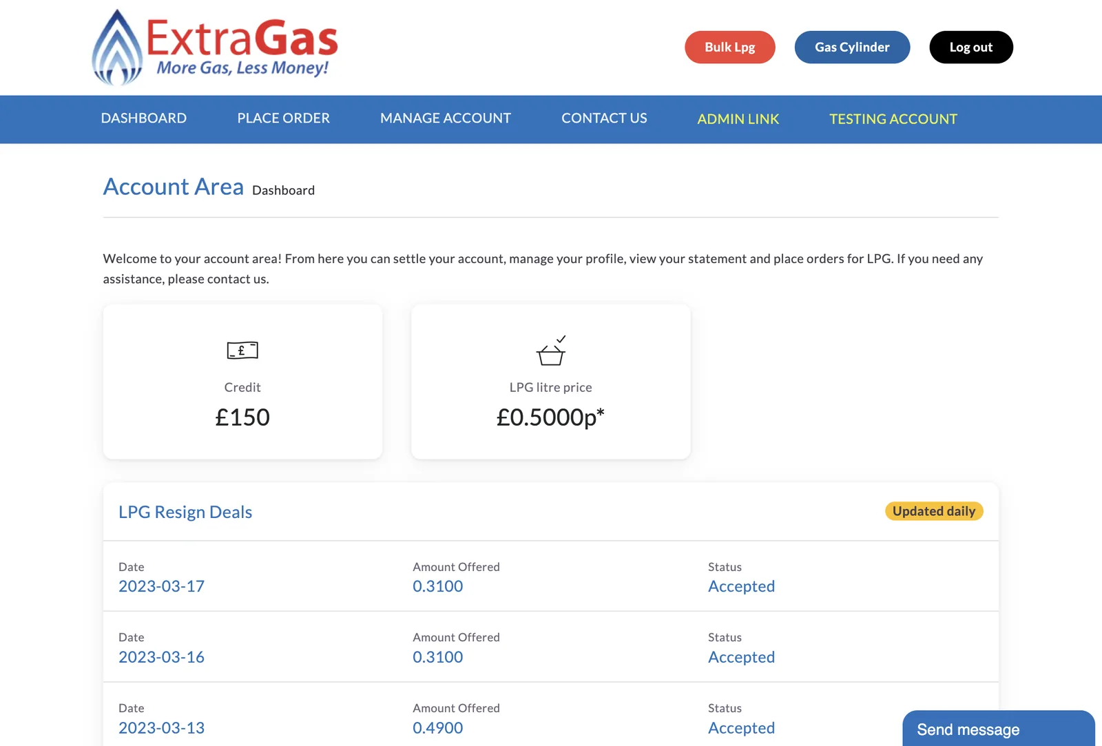 Customer account dashboard showing credit balance, LPG price and resign deals