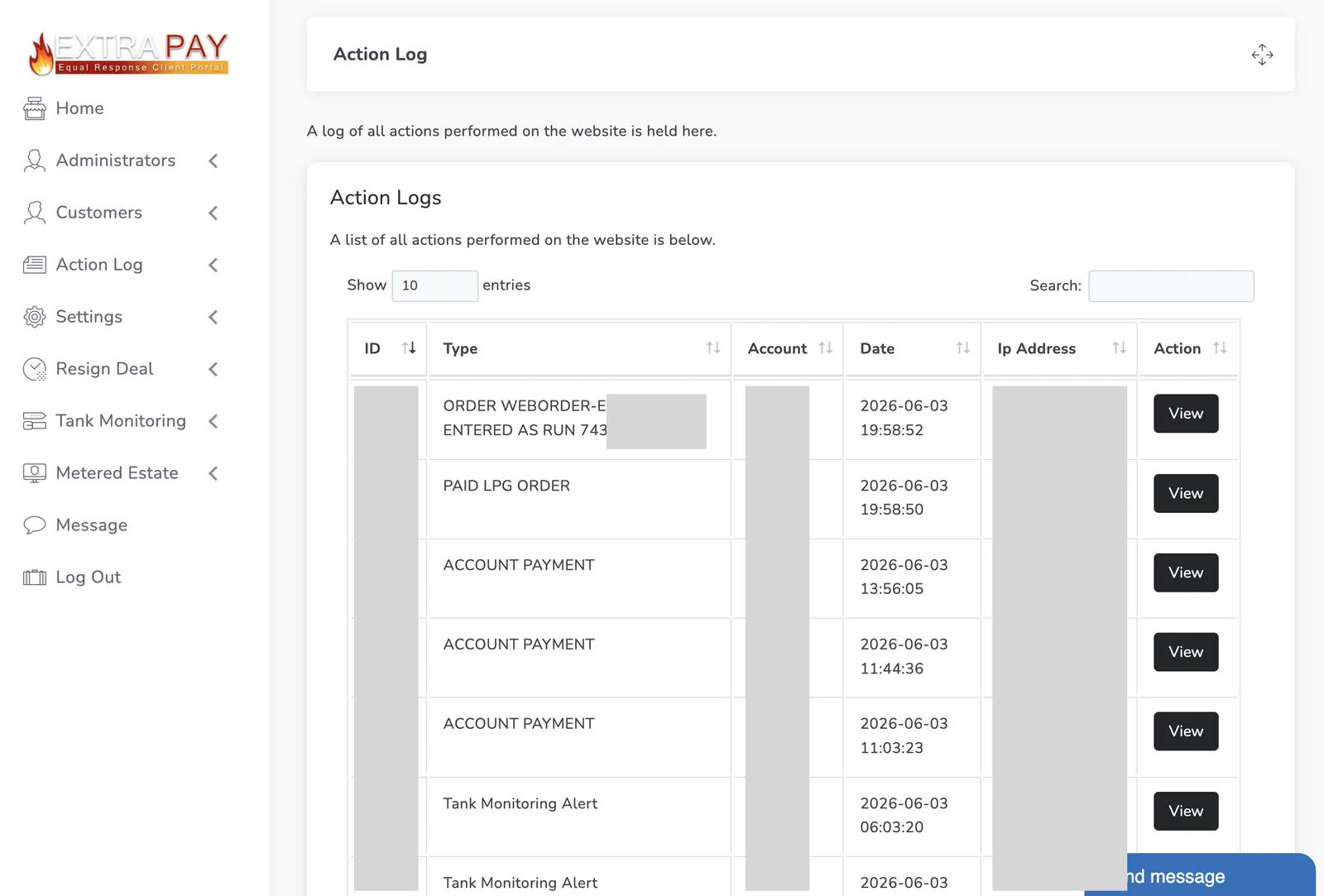 Laravel billing admin dashboard showing account action log