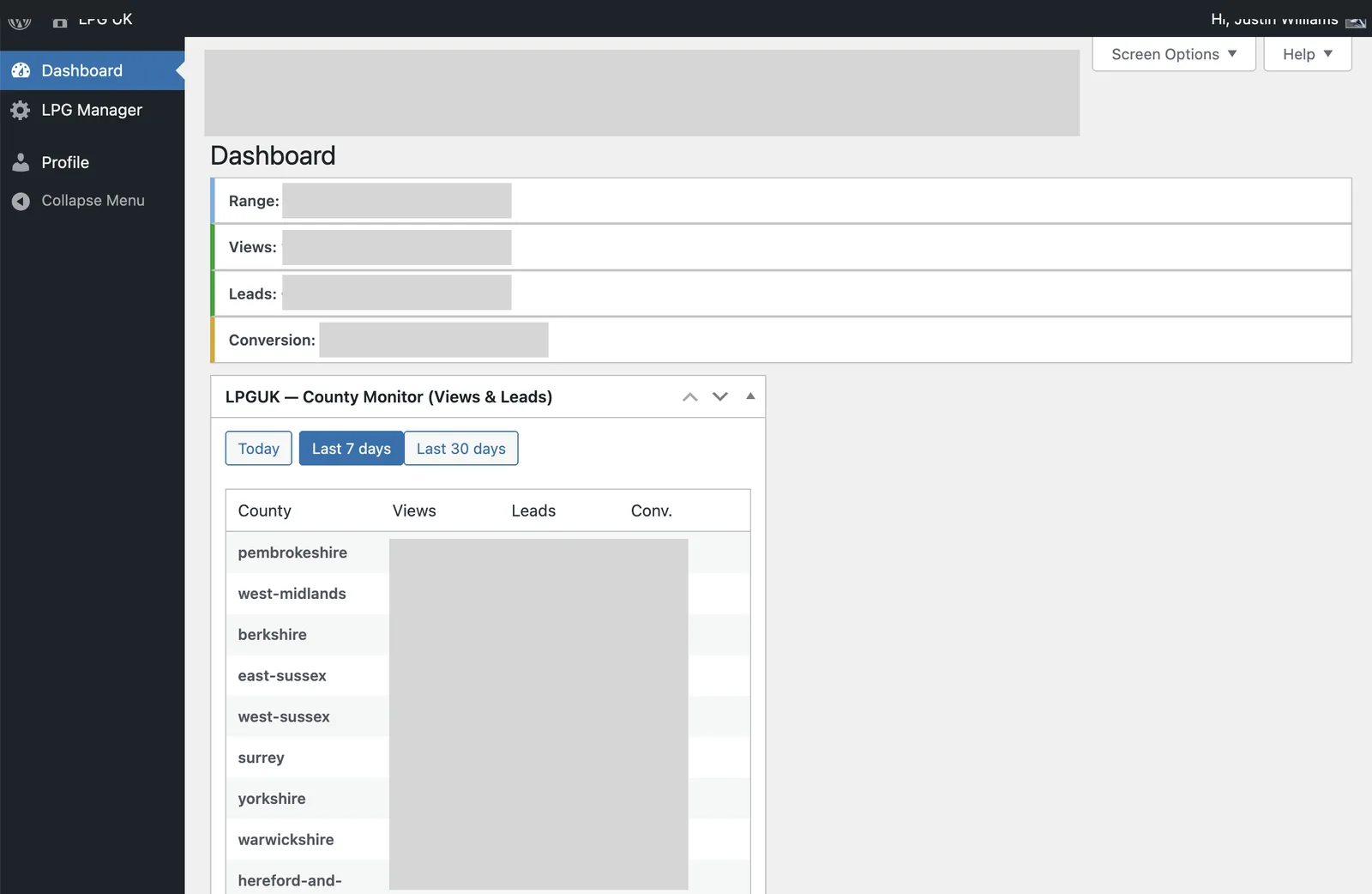 LPGUK admin dashboard with county monitor and lead statistics