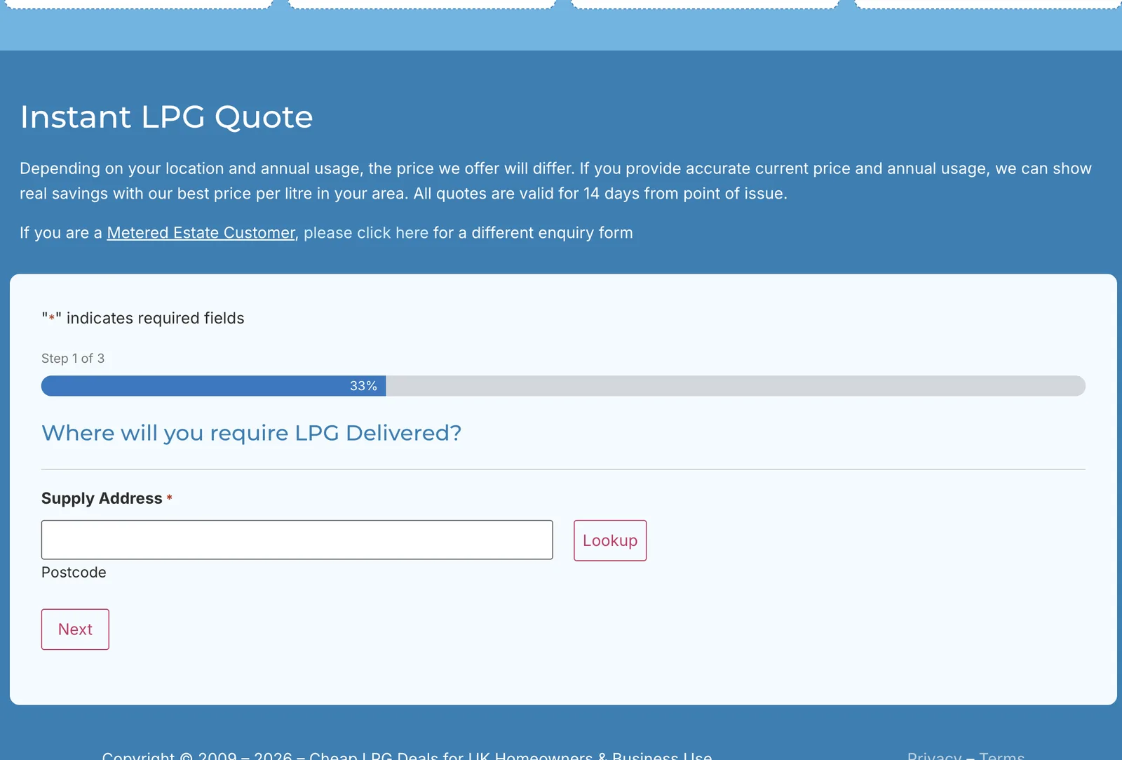 Instant LPG quote form asking where LPG delivery is required
