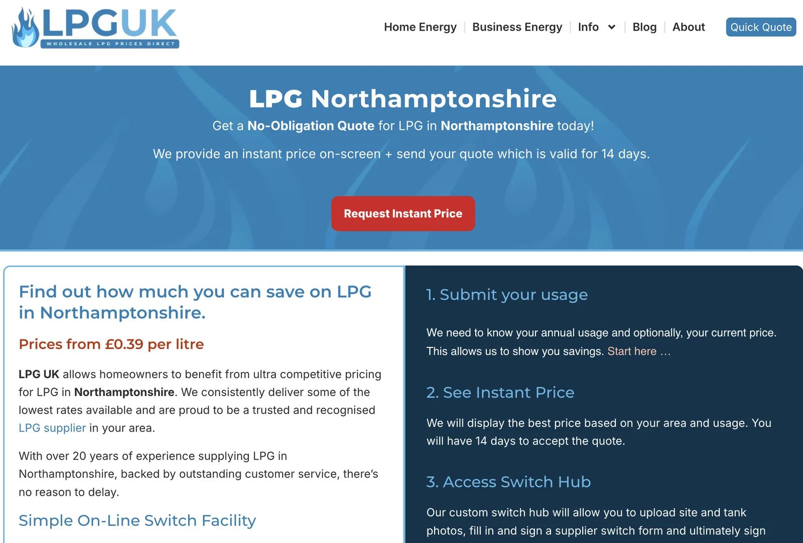 LPGUK location landing page showing LPG pricing for Northamptonshire