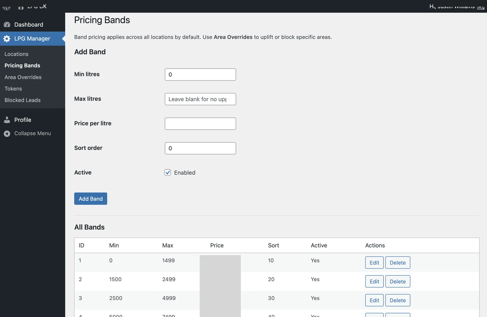 LPGUK pricing band admin screen with min litres max litres and price per litre fields