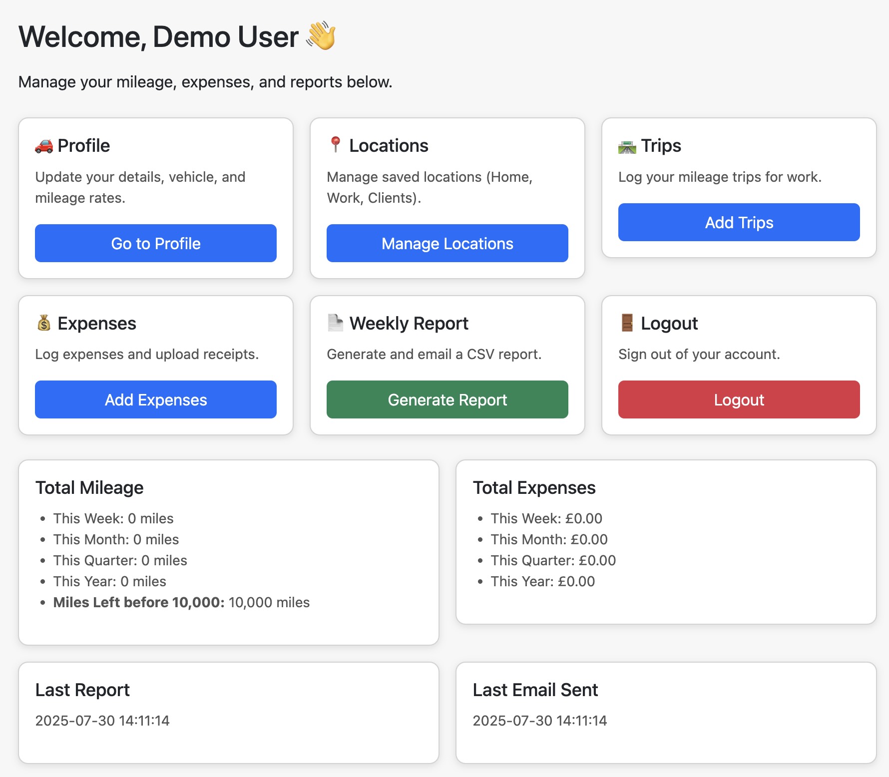 Mileage Reporting Web App screenshot