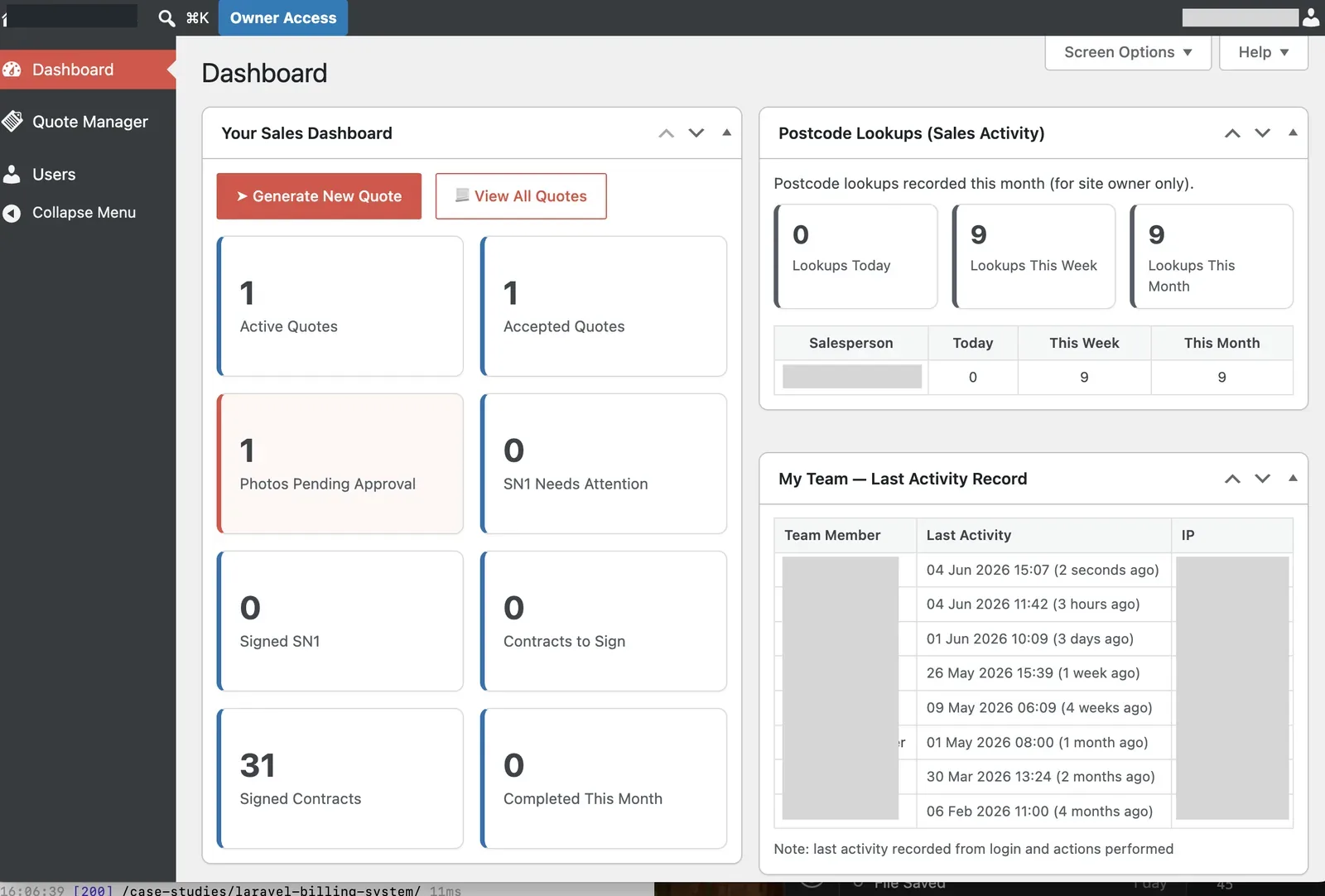 Salesman quote system dashboard showing quote status cards and activity records
