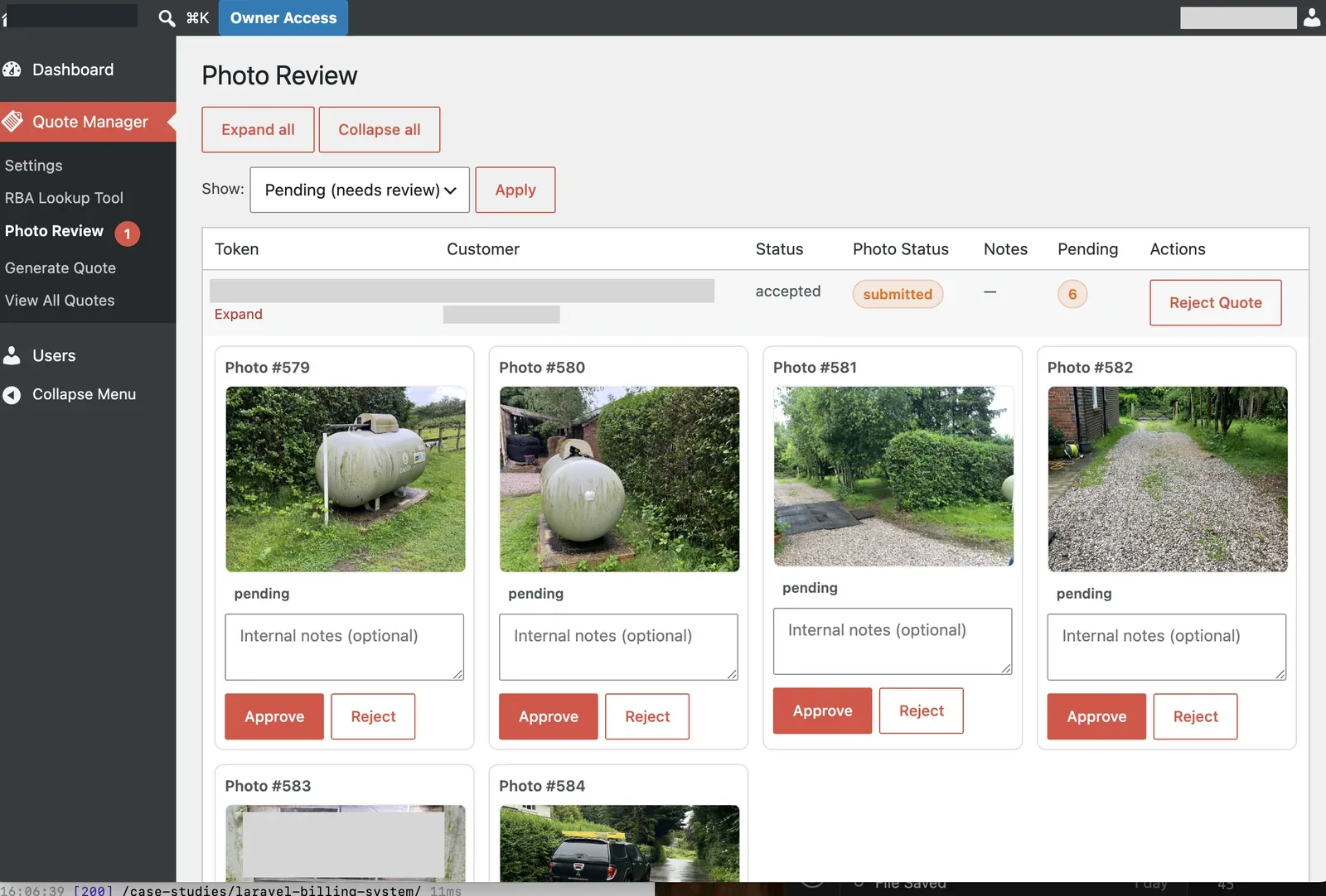 Photo review screen showing uploaded LPG tank and property images awaiting approval