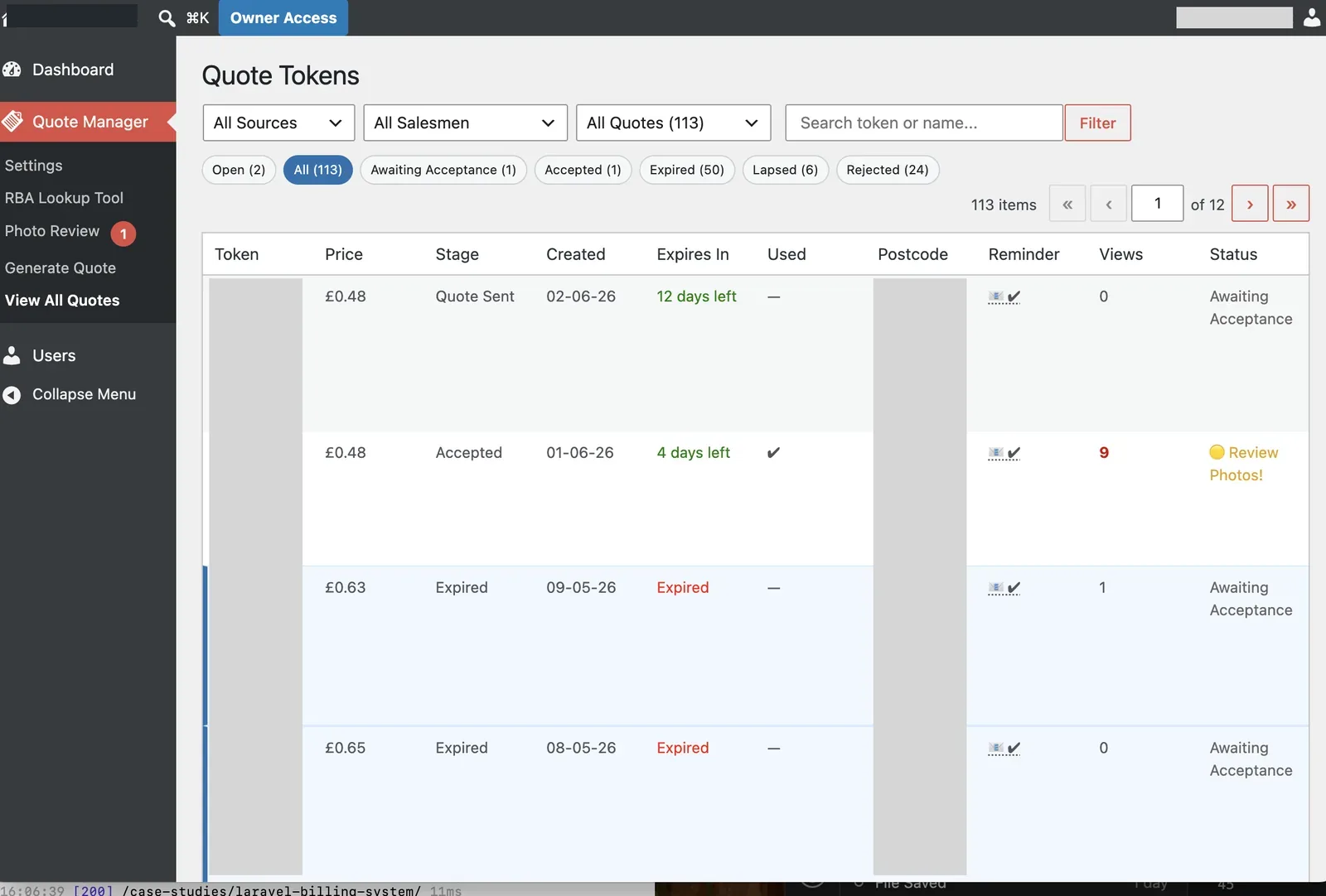 Quote token manager showing quote stages, expiry status and customer actions