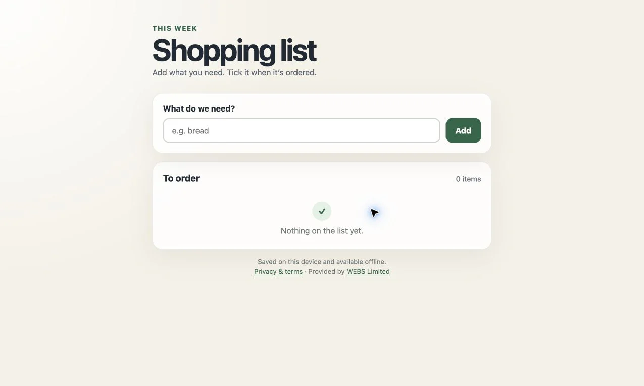 Weekly Shopping List app showing the item entry field and an empty list ready for the week's shopping